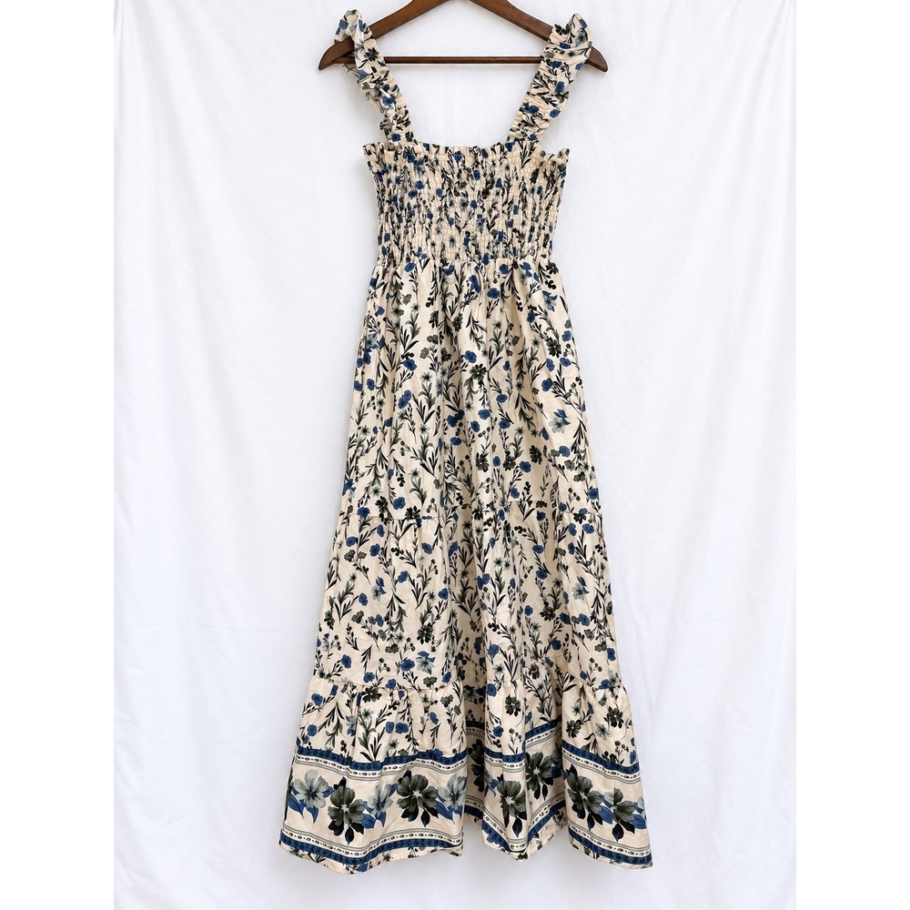 Laura Ashley XS Floral Smocked Maxi Dress Blue Ivory Cottagecore Tiered Ruffle